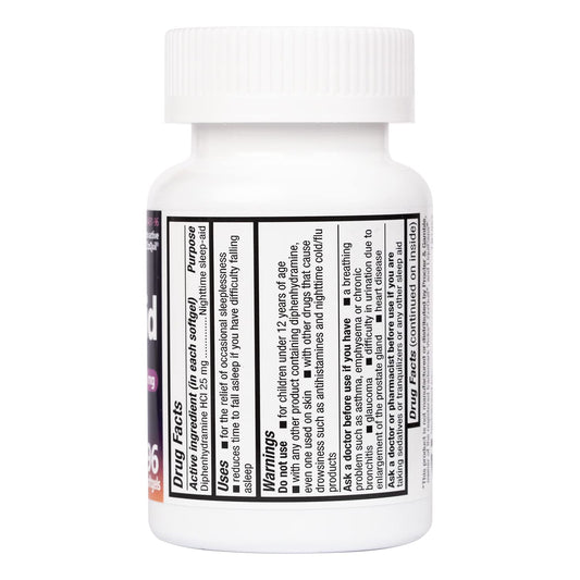 HealthA2Z Sleep Aid softgels closeup highlights 25 mg diphenhydramine for nighttime support.