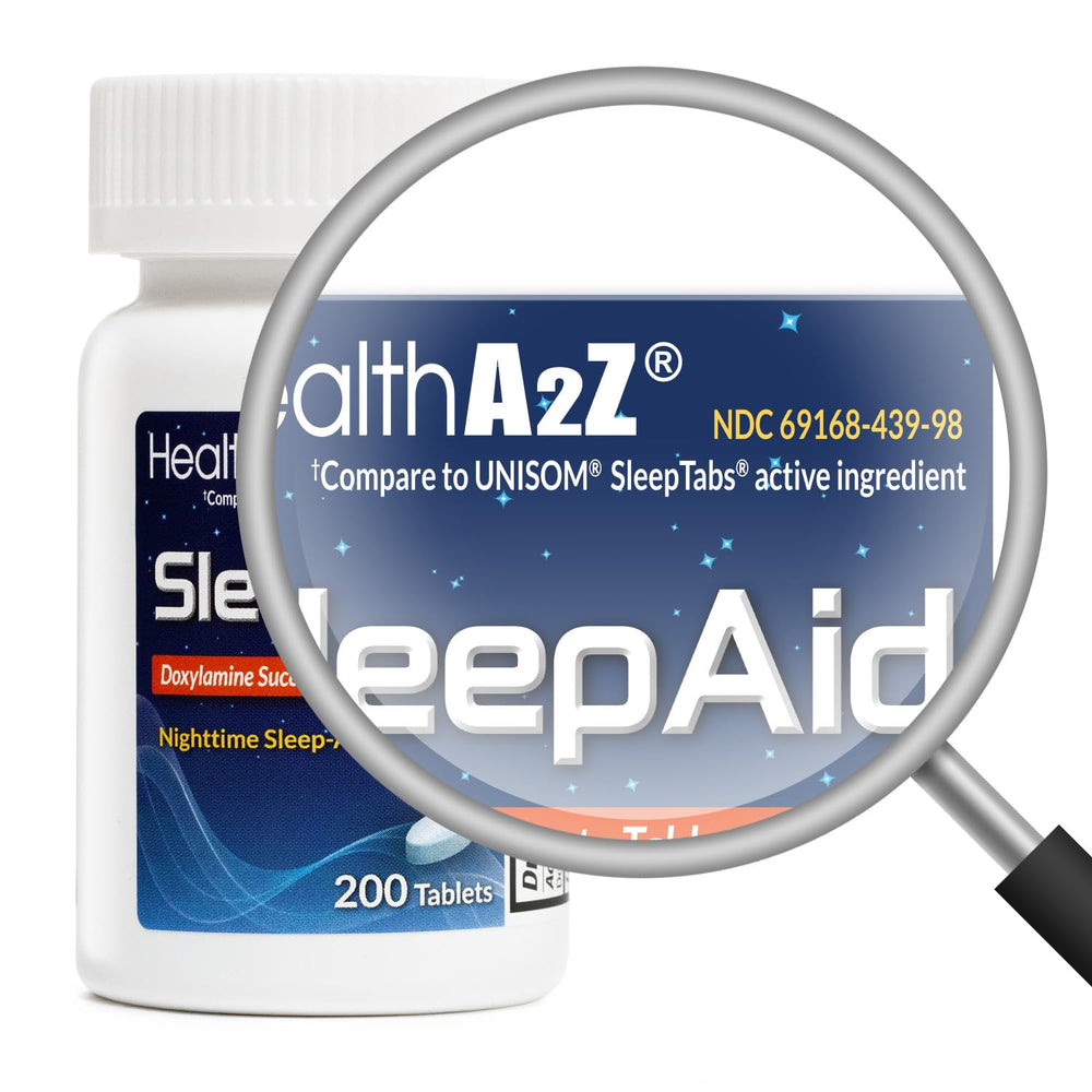 HealthA2Z Sleep Aid tablets closeup showing 25 mg dosage.