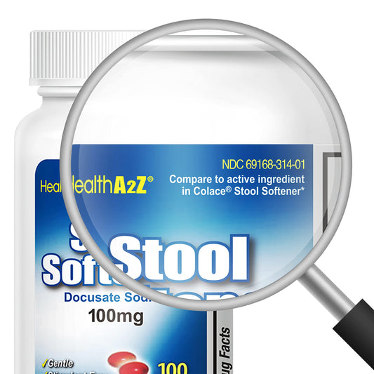 HealthA2Z Stool Softener 100mg label close-up showing stool-softening action.