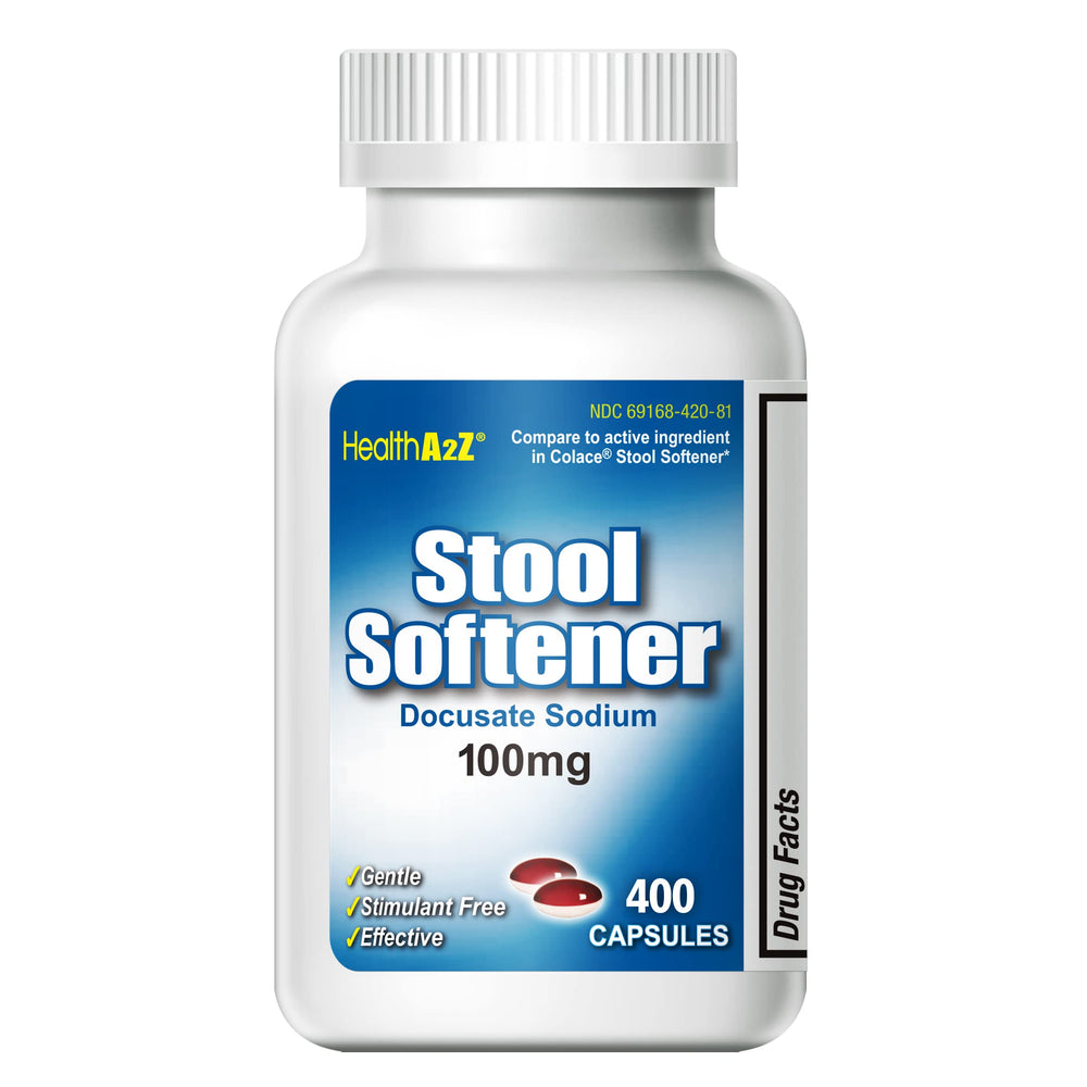 HealthA2Z Stool Softener bottle front view signaling gentle relief
