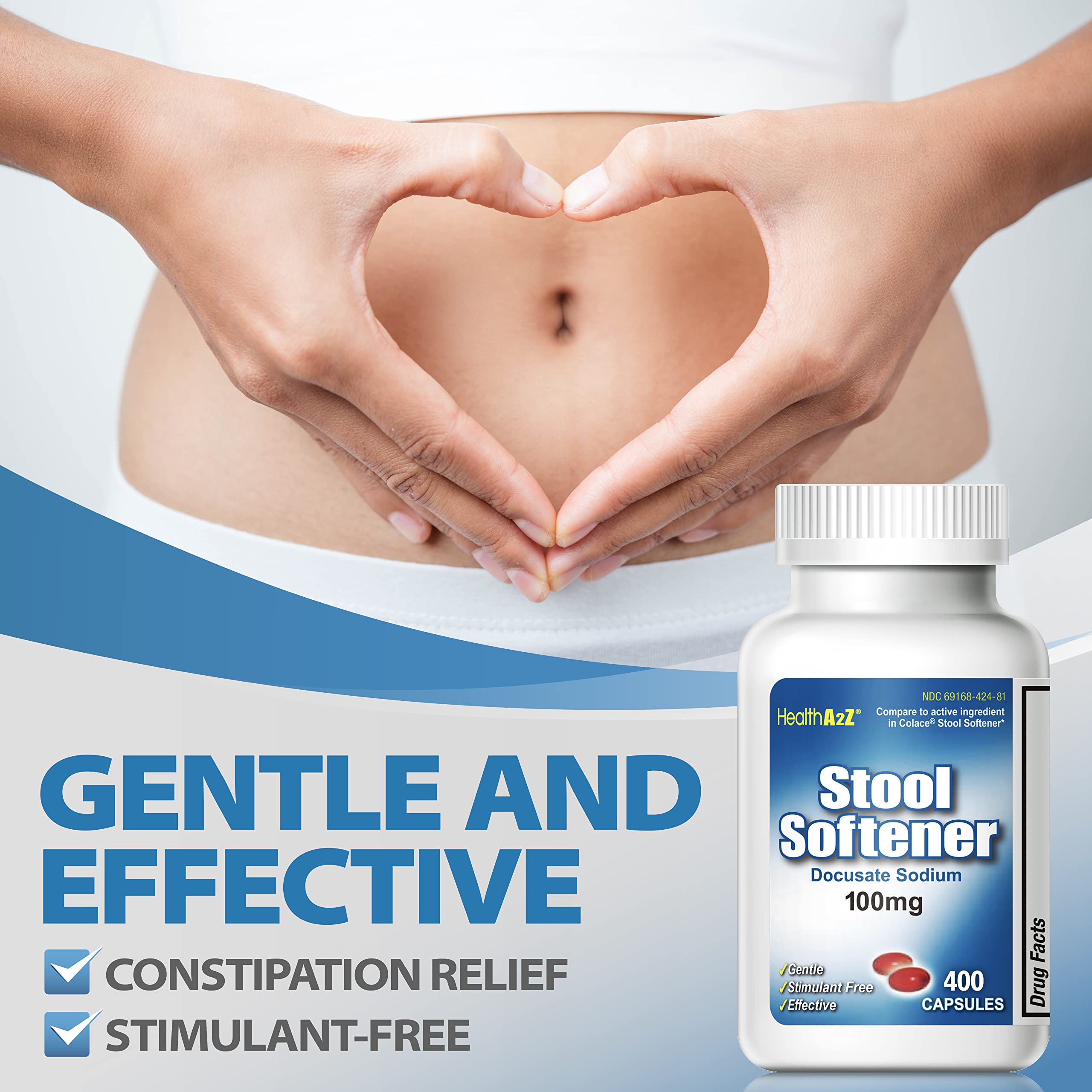HealthA2Z Stool Softener bottle open reveals capsules ready for daily use.