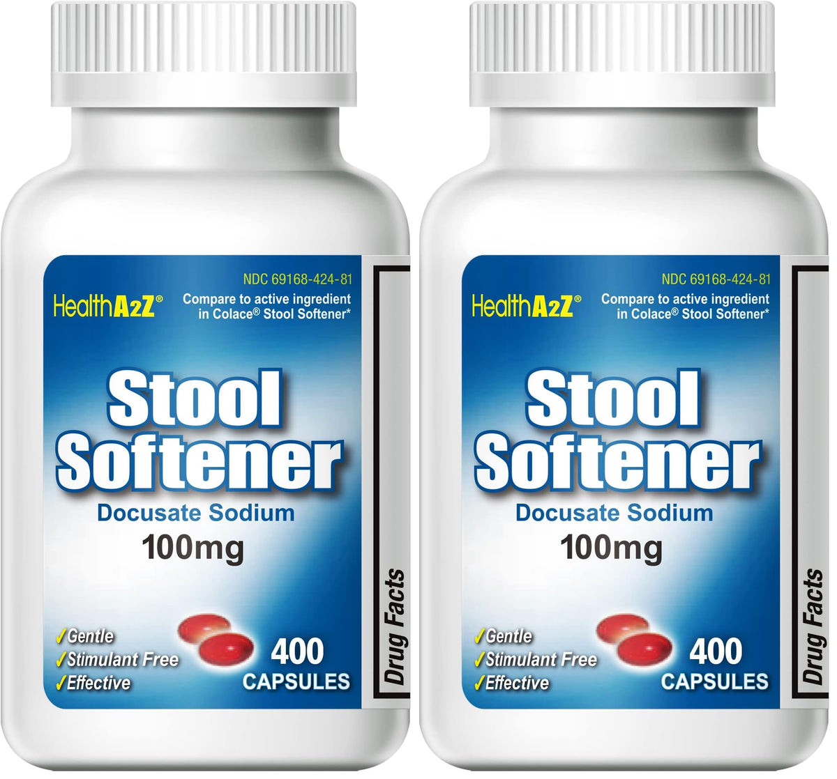 HealthA2Z Stool Softener bottle with red capsules for gentle constipation relief.