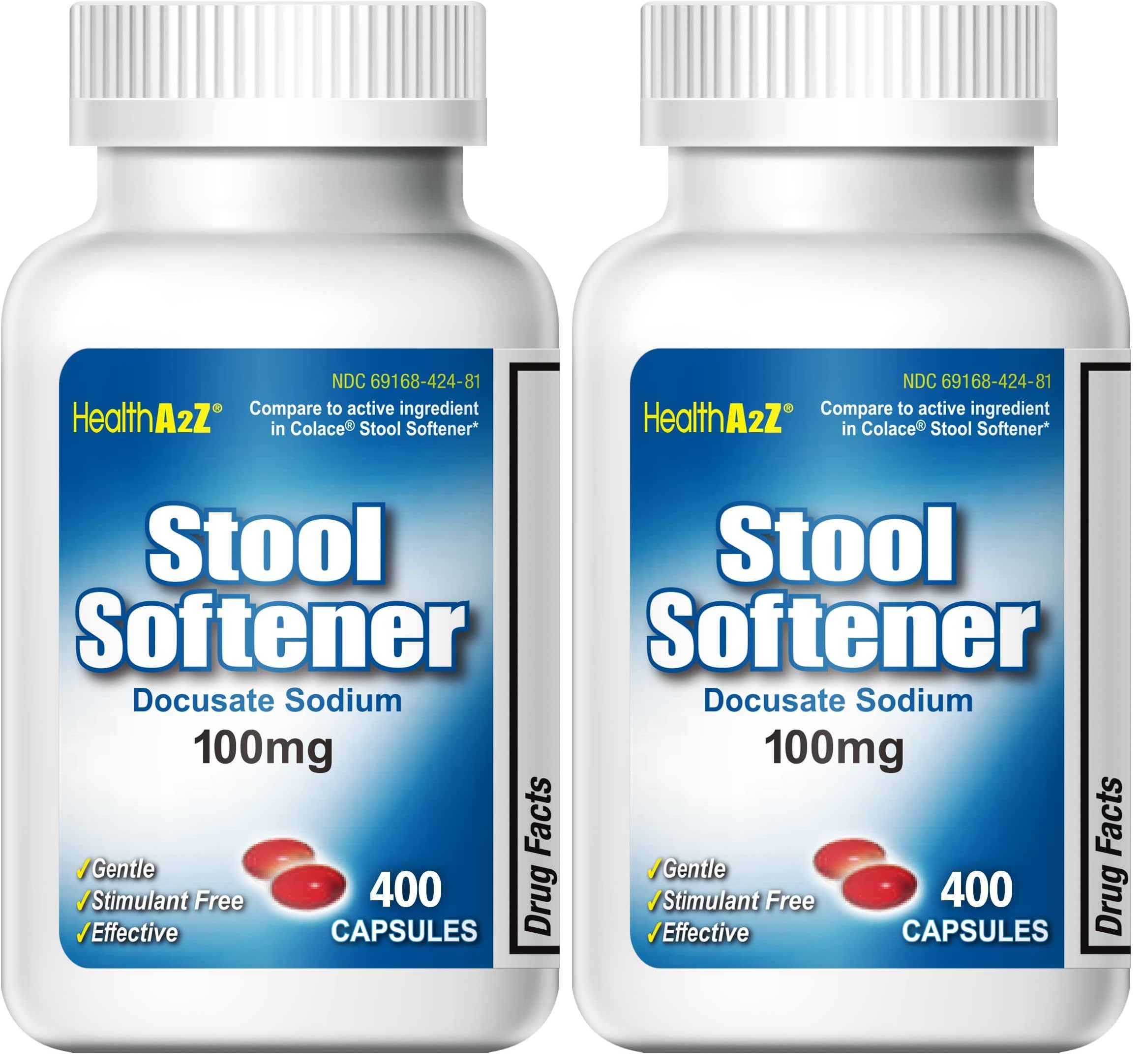 HealthA2Z Stool Softener bottle with red capsules for gentle constipation relief.