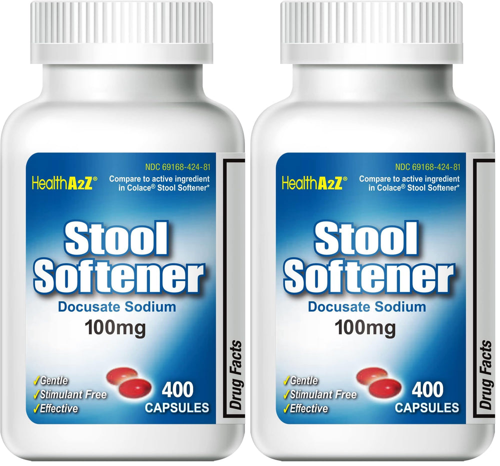 HealthA2Z Stool Softener bottle with red capsules for gentle constipation relief.