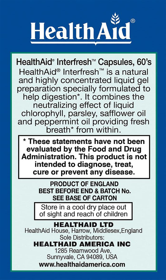Interfresh capsules highlighting breath and digestion support