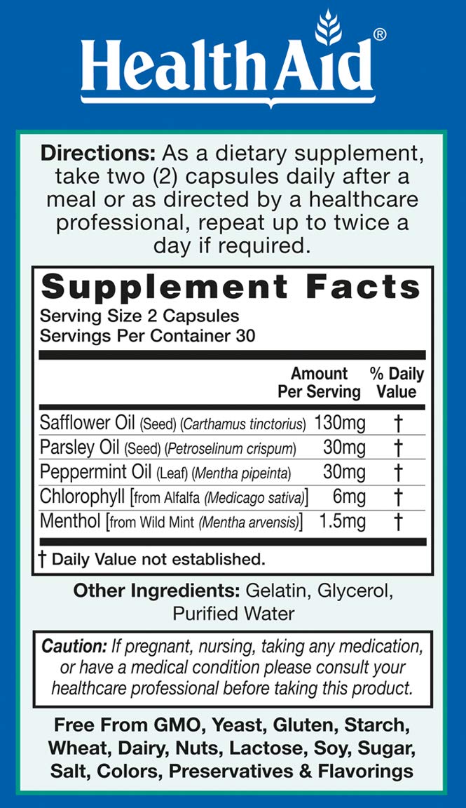 Illustration of chlorophyll, parsley oil, safflower oil and peppermint oil ingredients