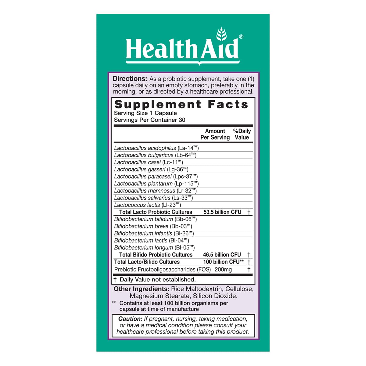 Close-up of HealthAid UltraProbio label showing 100 Billion CFU and 14 strains
