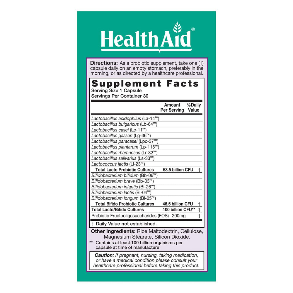 Close-up of HealthAid UltraProbio label showing 100 Billion CFU and 14 strains