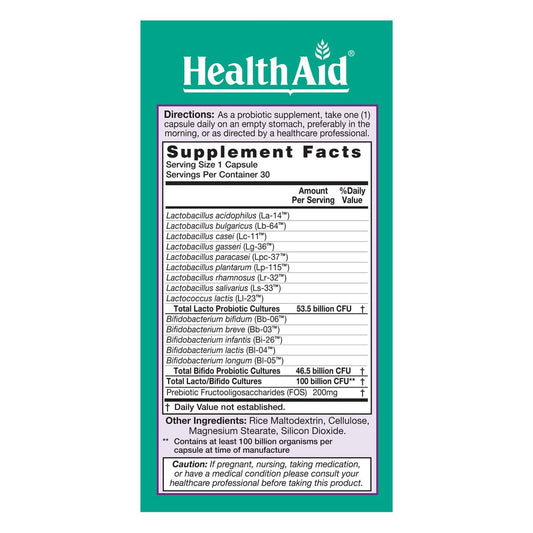 Close-up of HealthAid UltraProbio label showing 100 Billion CFU and 14 strains