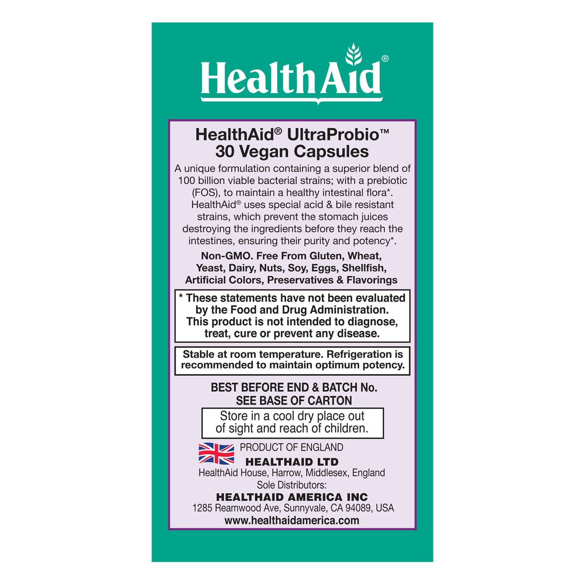 Acid and bile resistant HealthAid UltraProbio probiotic capsules