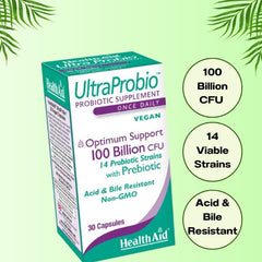 HealthAid UltraProbio packaging showing Product of England, Non-GMO, and room-temperature stability