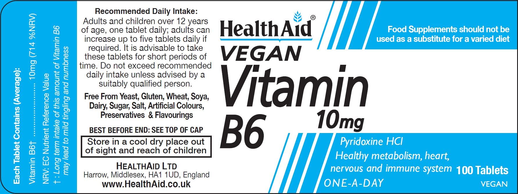 HealthAid Vitamin B6 (Pyridoxine HCl) 10mg bottle – label view