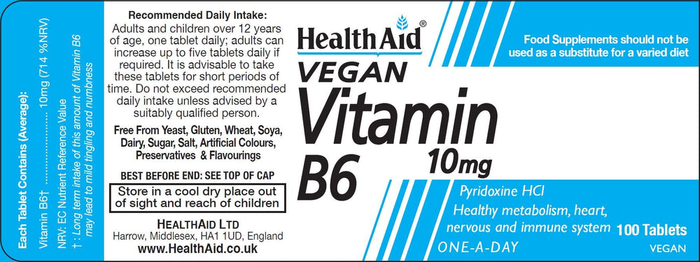 HealthAid Vitamin B6 (Pyridoxine HCl) 10mg bottle – label view