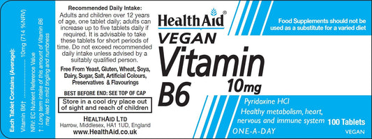 HealthAid Vitamin B6 (Pyridoxine HCl) 10mg bottle – label view