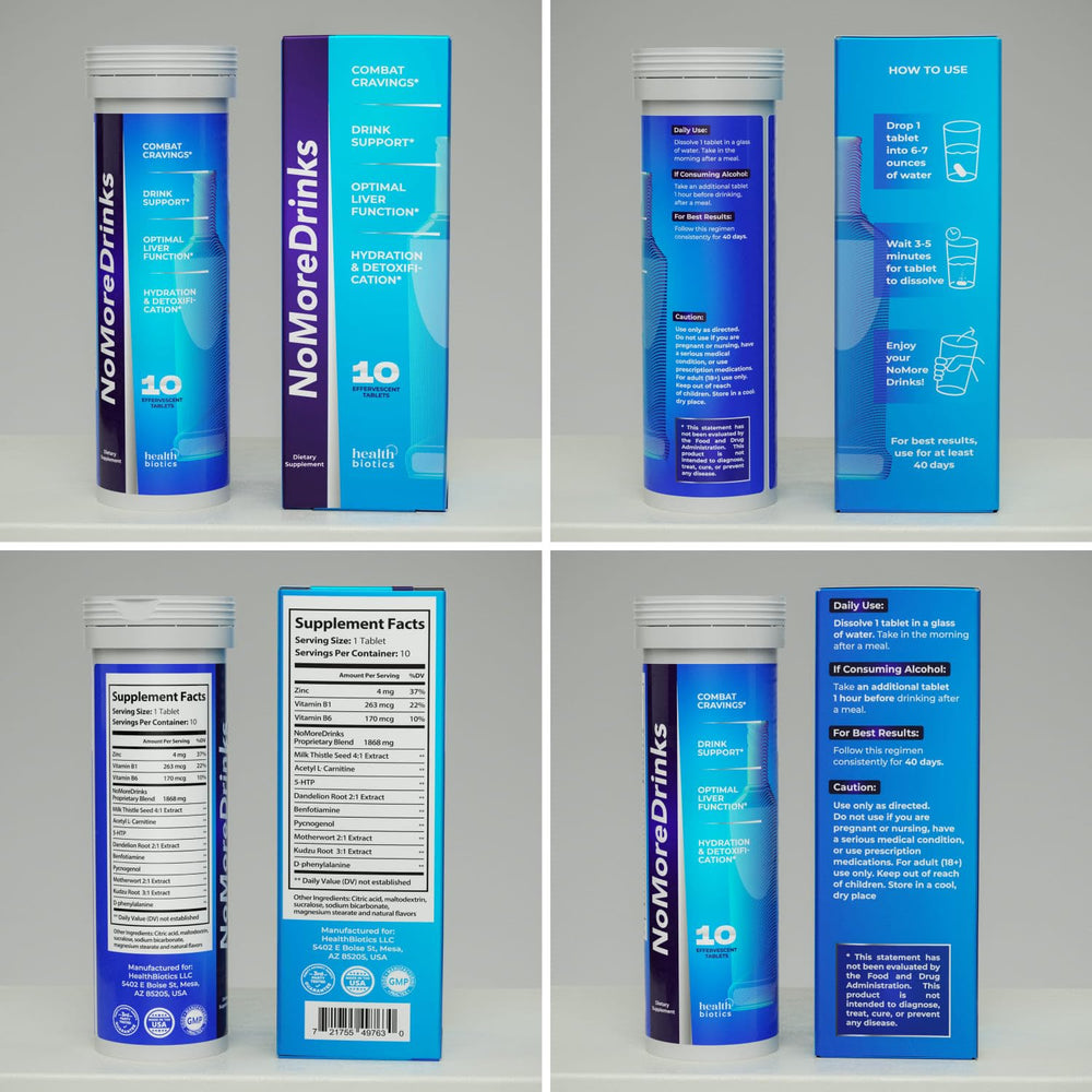 NoMoreDrinks tablets on pack highlight program for craving control.