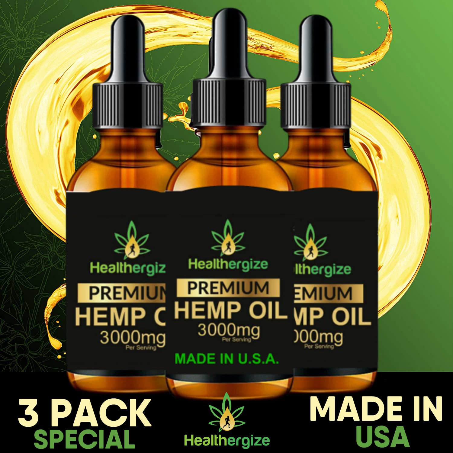 Unrefined hemp oil bottle with natural flavor imagery