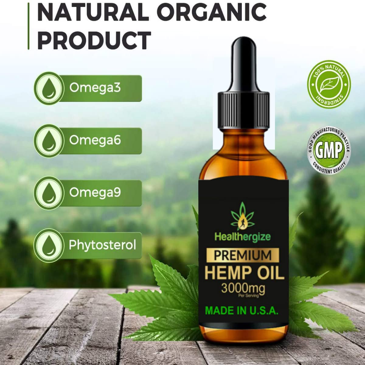 Hemp plant imagery beside Healthergize bottle