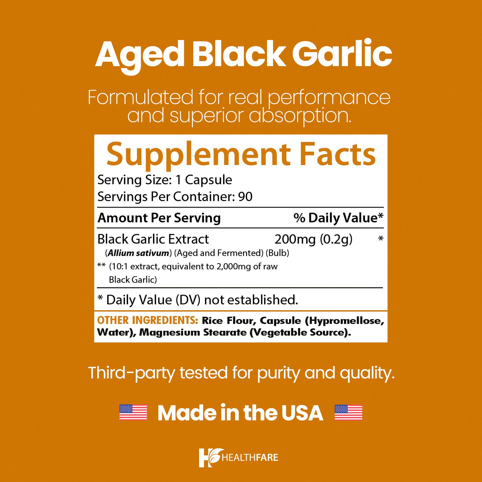 Label detailing 200 mg aged black garlic extract per capsule (10:1).