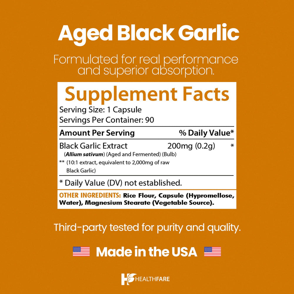 Label detailing 200 mg aged black garlic extract per capsule (10:1).