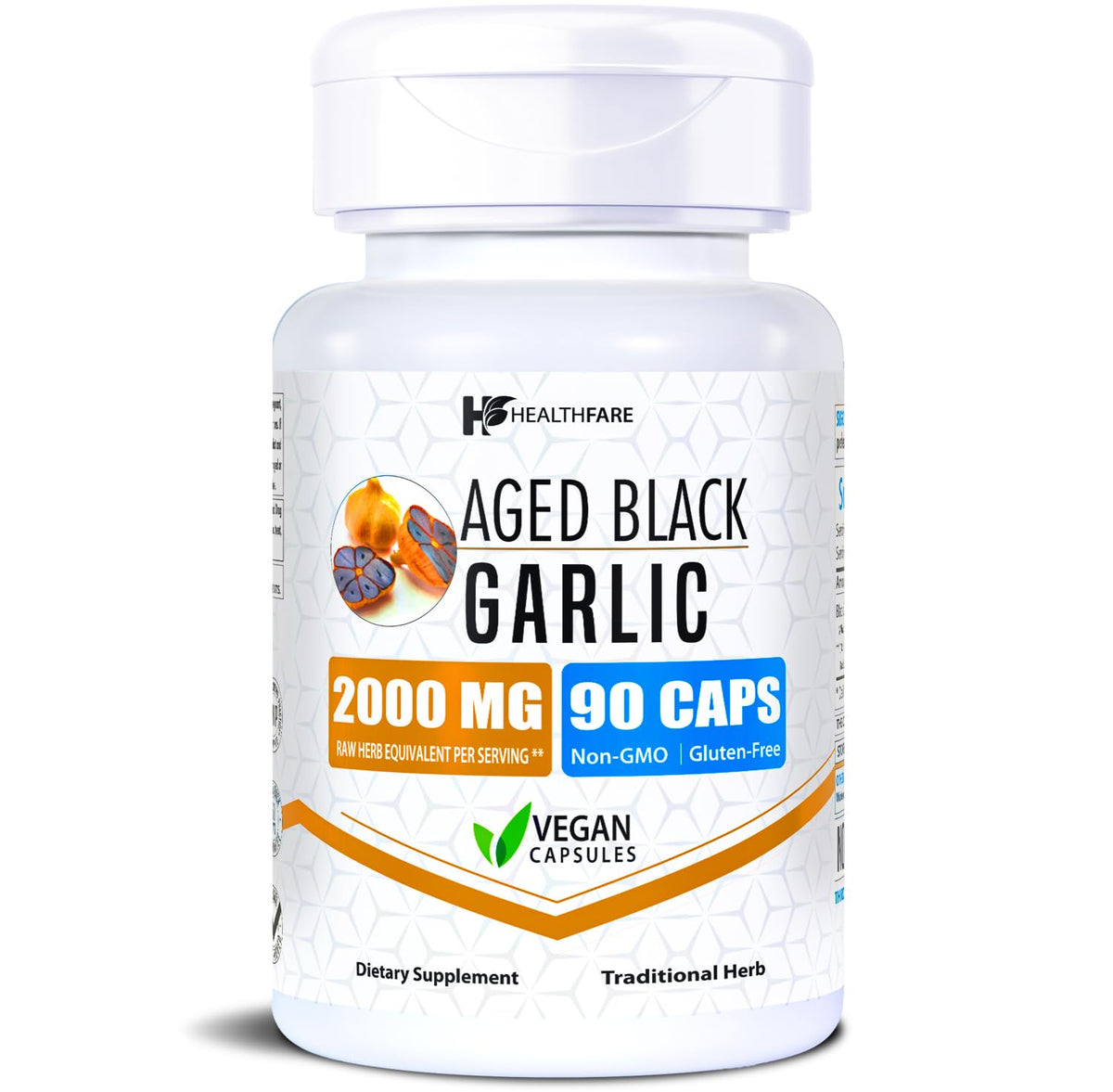 Healthfare aged black garlic supplement bottle with 90 vegan capsules.