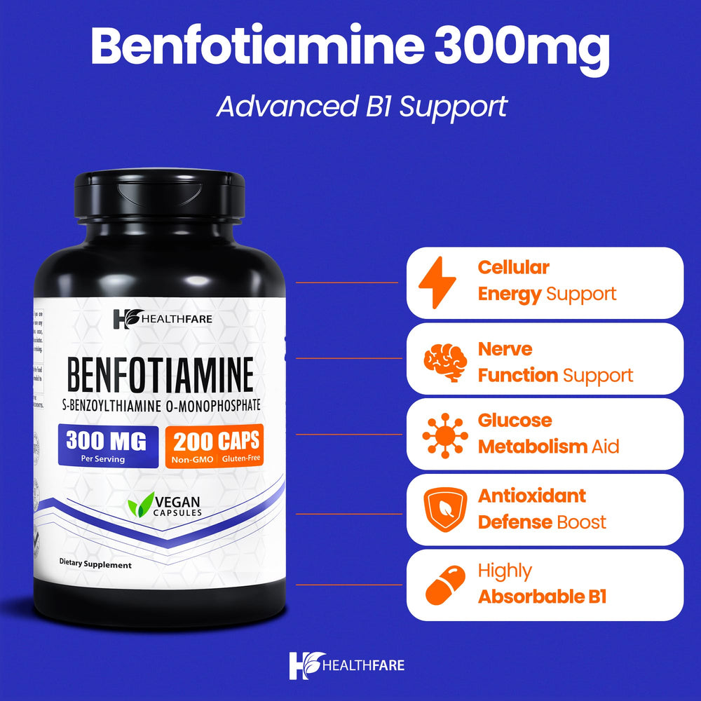 Close-up of Healthfare Benfotiamine 300mg packaging