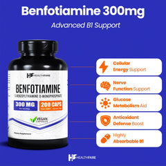 Close-up of Healthfare Benfotiamine 300mg packaging
