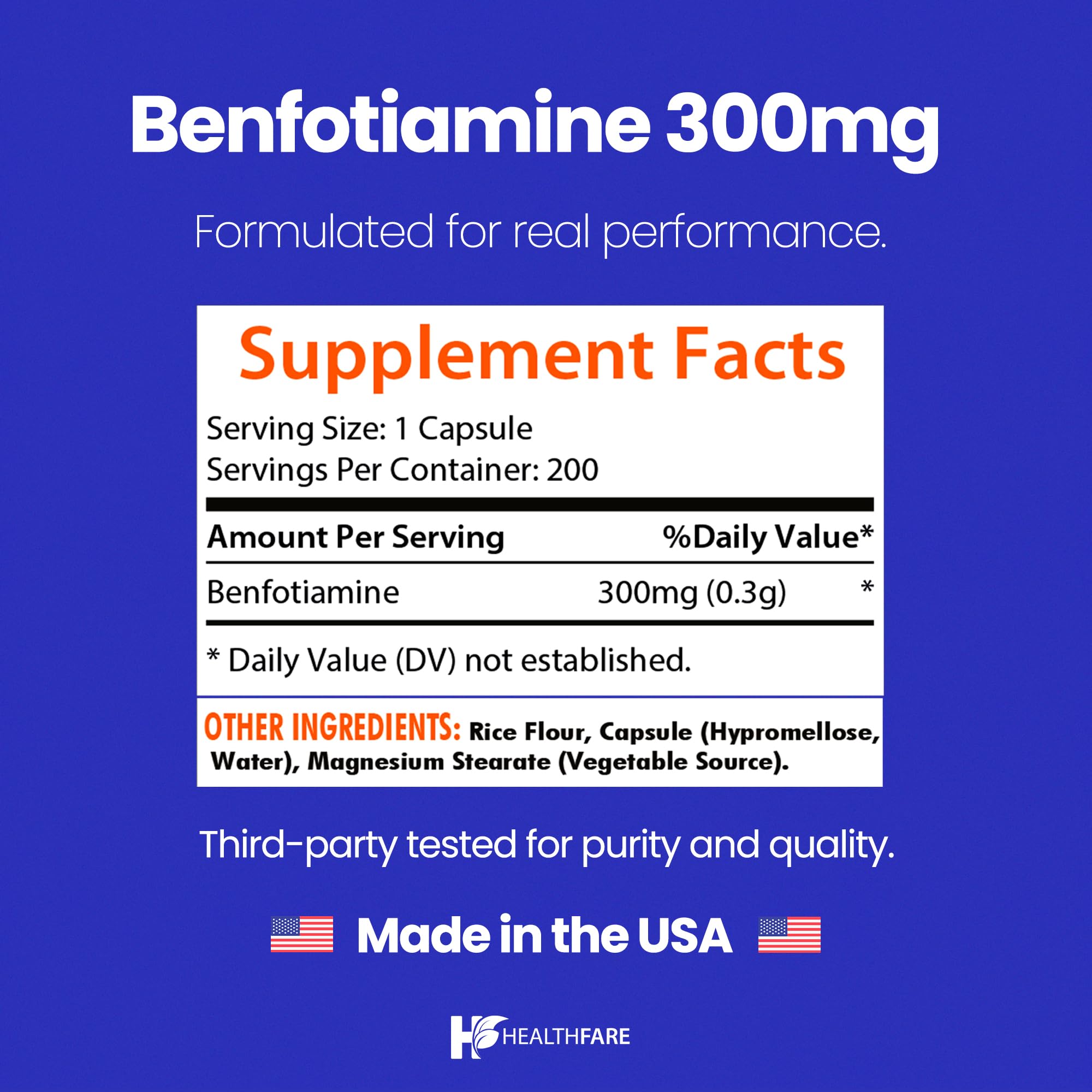 Supplement facts panel of Healthfare Benfotiamine 300mg