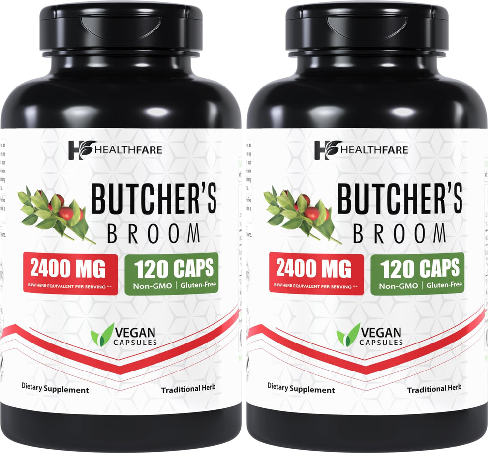 Healthfare Butcher’s Broom Capsules bottle front view – 2400mg per capsule, pack of 2