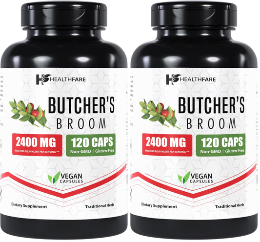 Healthfare Butcher’s Broom Capsules bottle front view – 2400mg per capsule, pack of 2