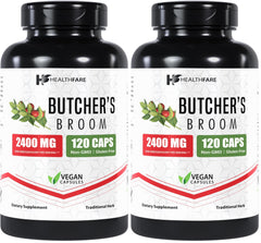 Healthfare Butcher’s Broom Capsules bottle front view – 2400mg per capsule, pack of 2