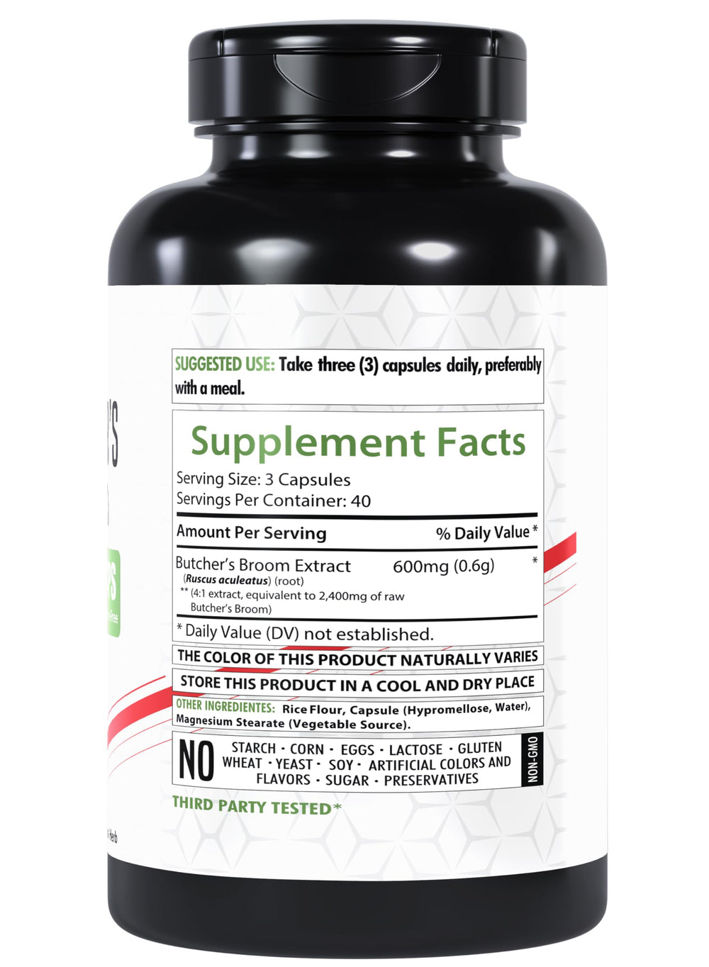 Close-up of Healthfare Butcher’s Broom Capsules bottle label