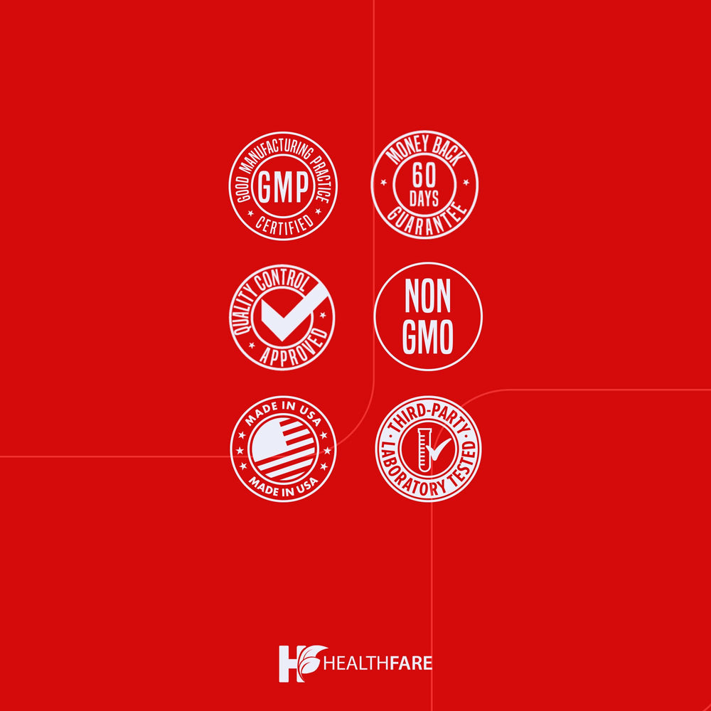 Product packaging with Healthfare branding on white background