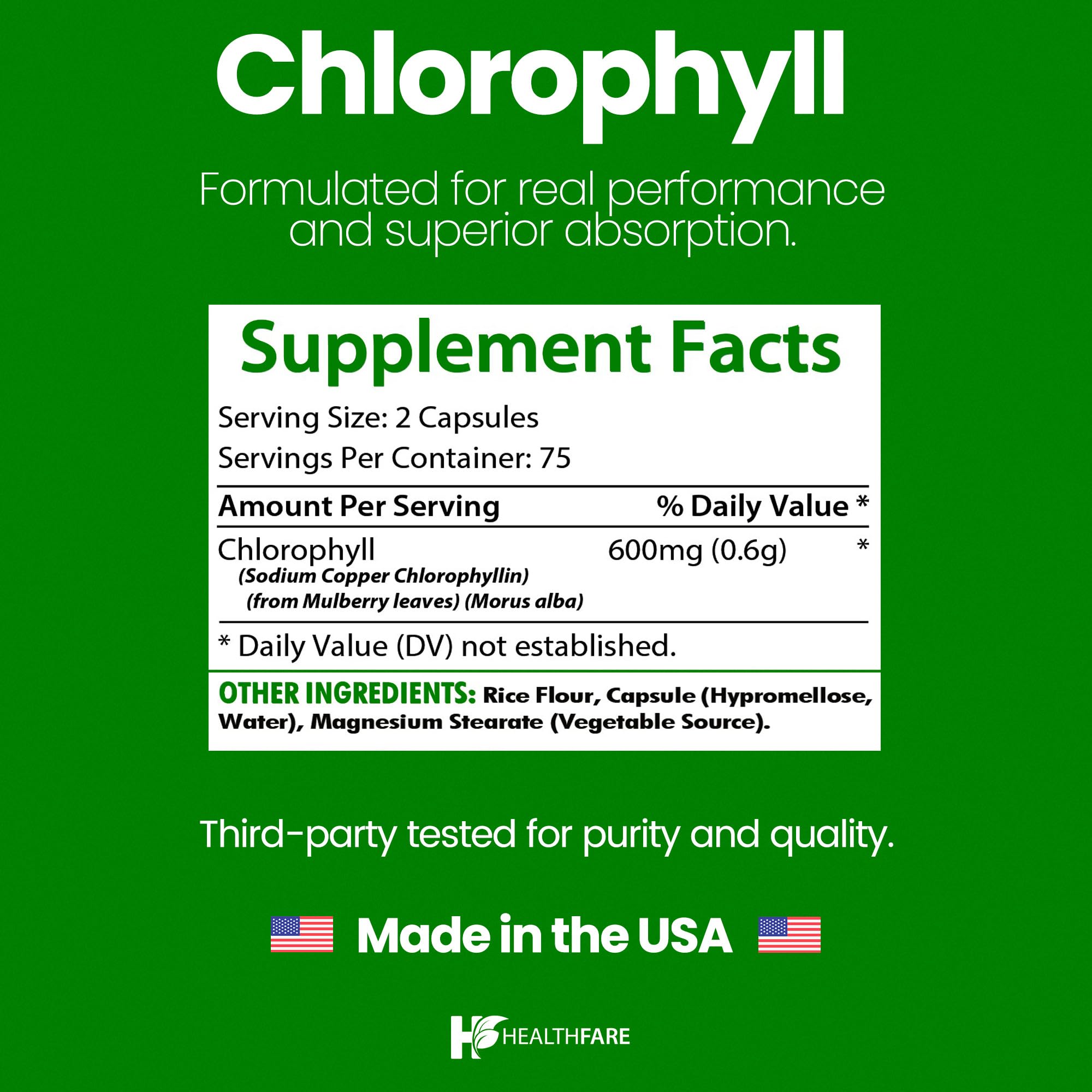 Chlorophyll capsules 600mg bottle with label highlighting vegan and gluten-free