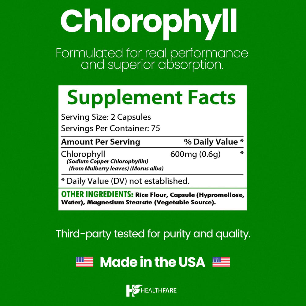 Chlorophyll capsules 600mg bottle with label highlighting vegan and gluten-free