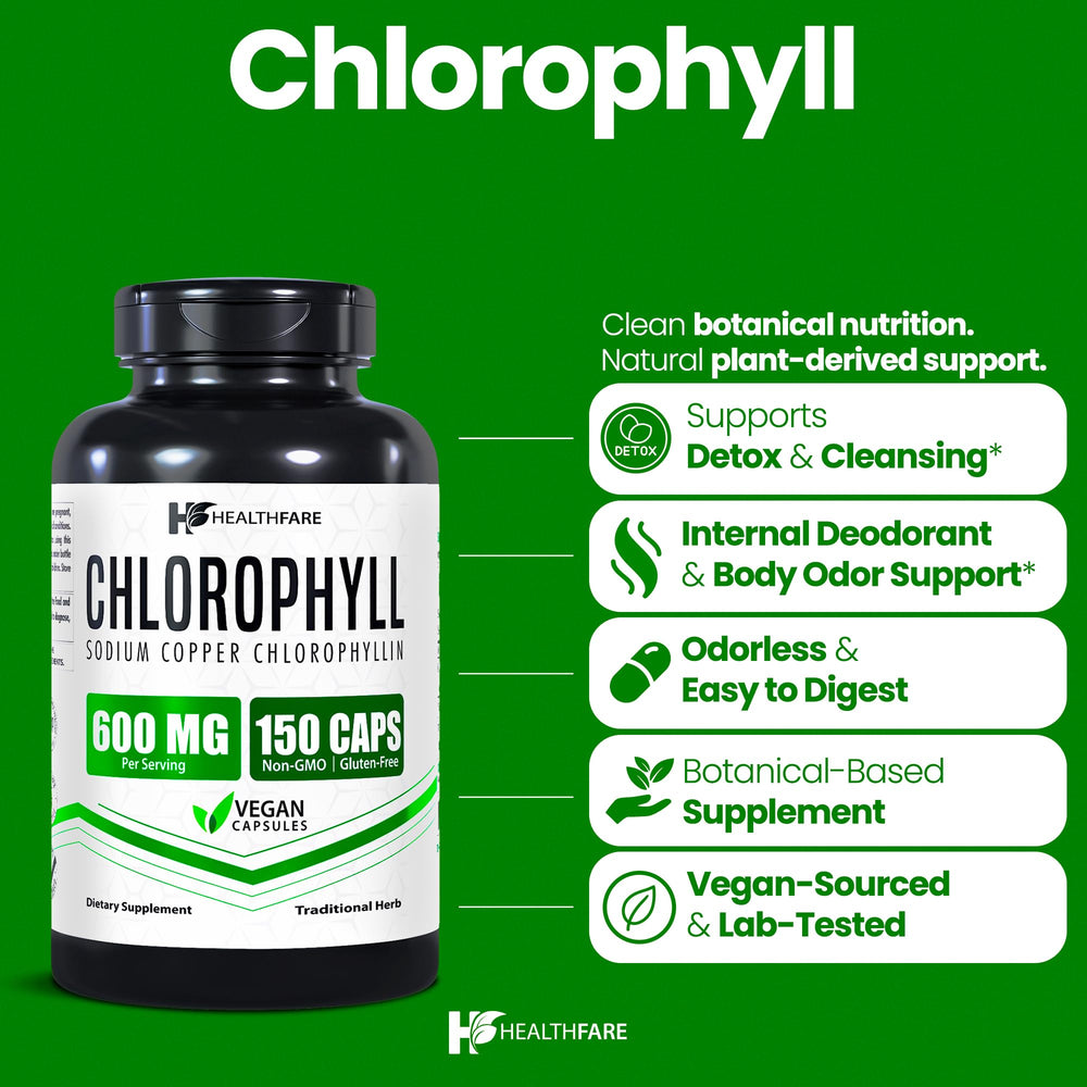 Close-up of Healthfare chlorophyll capsules 600mg