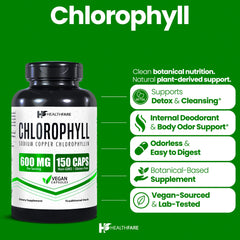 Close-up of Healthfare chlorophyll capsules 600mg