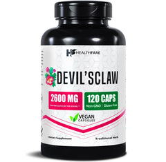 Healthfare Devils Claw Root 2600mg bottle with 120 vegan capsules – front view