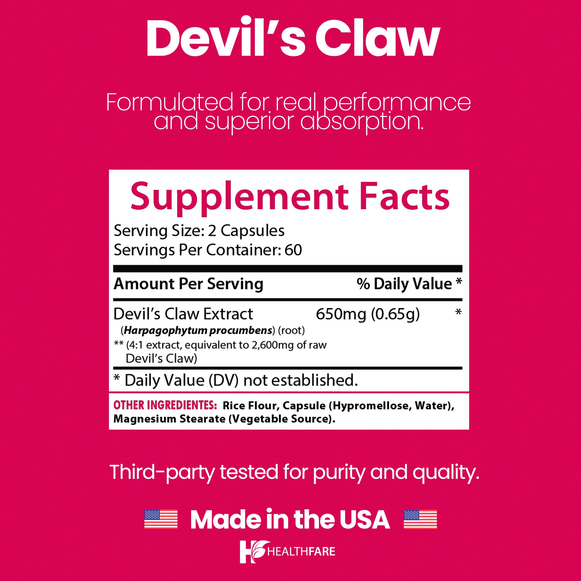 Label close-up showing 650mg Devil’s Claw root extract per serving