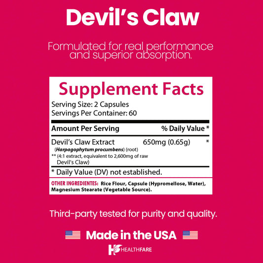 Label close-up showing 650mg Devil’s Claw root extract per serving