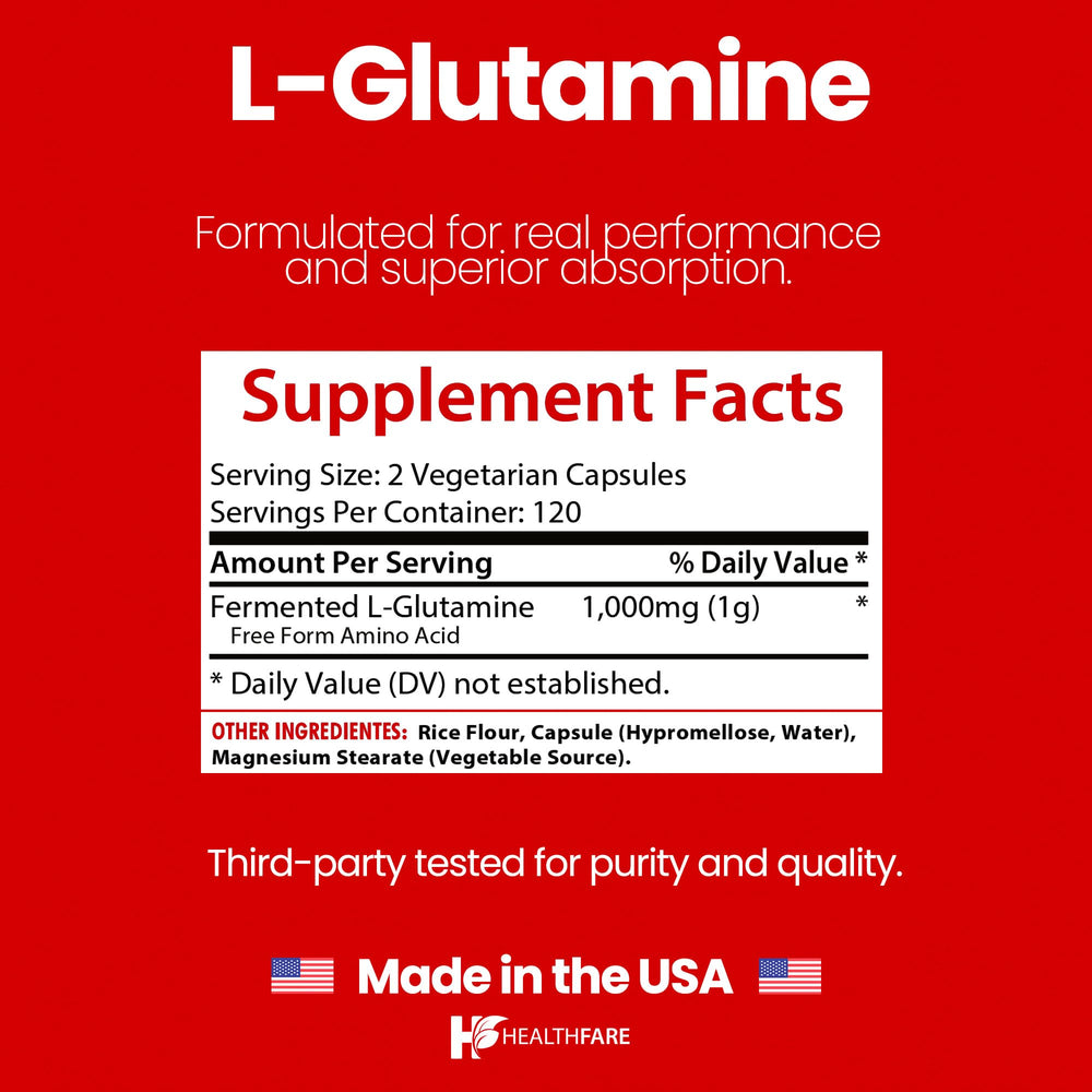 Close-up of HealthFare L Glutamine label showing 1000mg per serving
