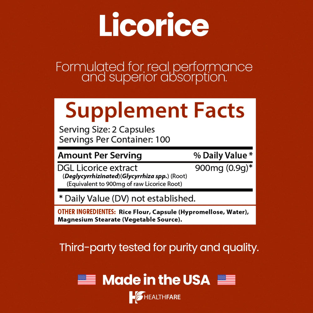 Close-up of Healthfare Licorice Root Extract 900mg capsules