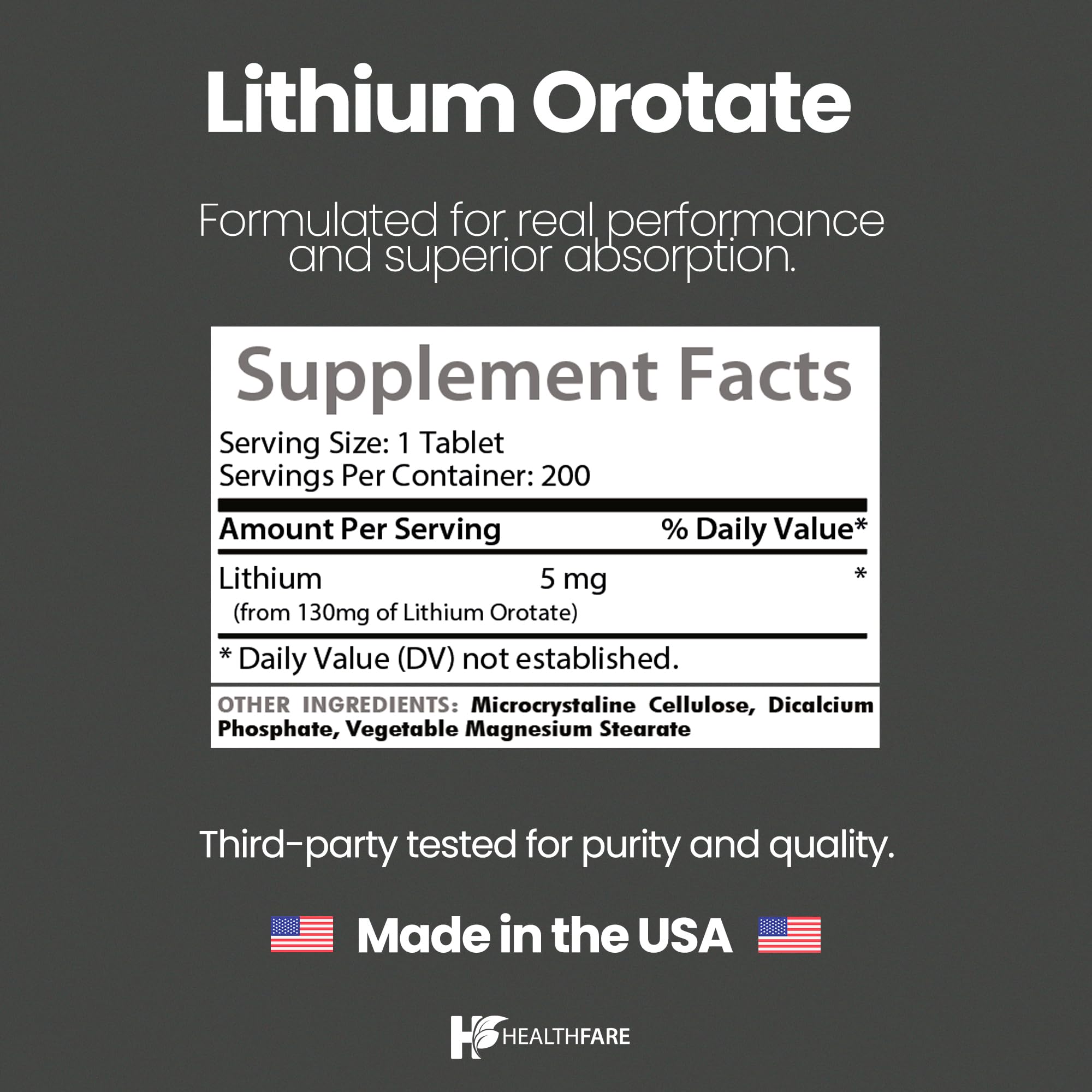 HealthFare Lithium Orotate 130mg bottle label