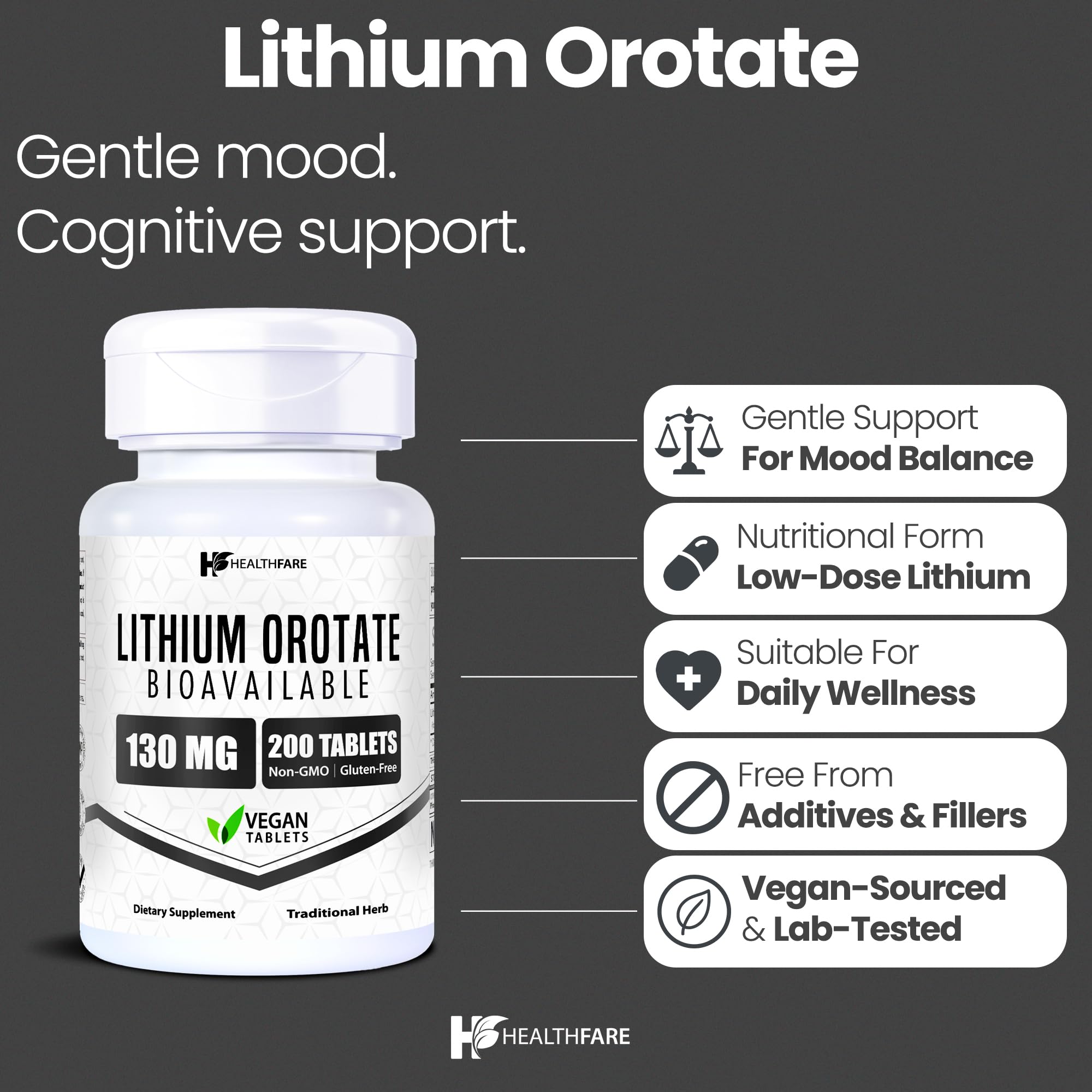 Close-up of HealthFare 130mg lithium orotate tablets