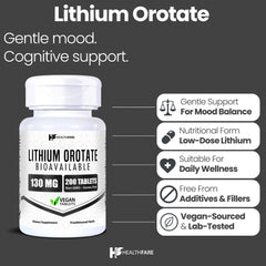 Close-up of HealthFare 130mg lithium orotate tablets