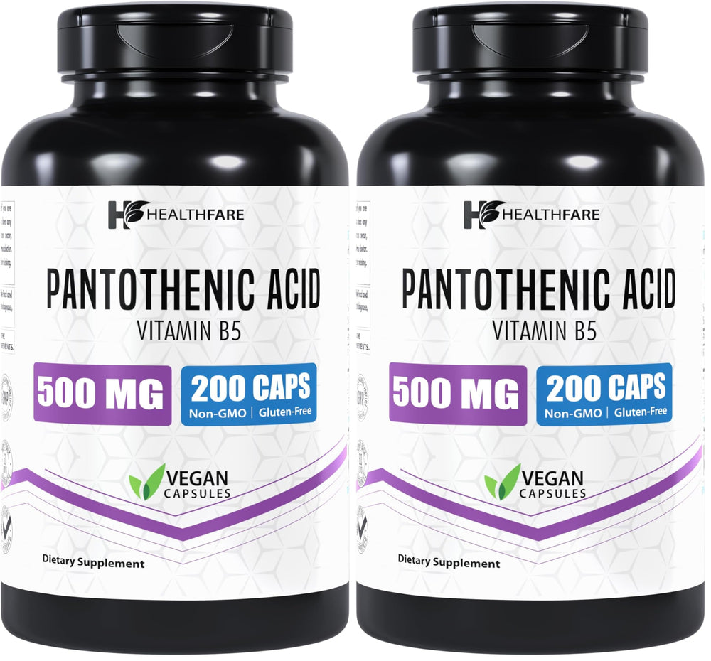Healthfare Pantothenic Acid 500mg bottle with 200 vegan capsules