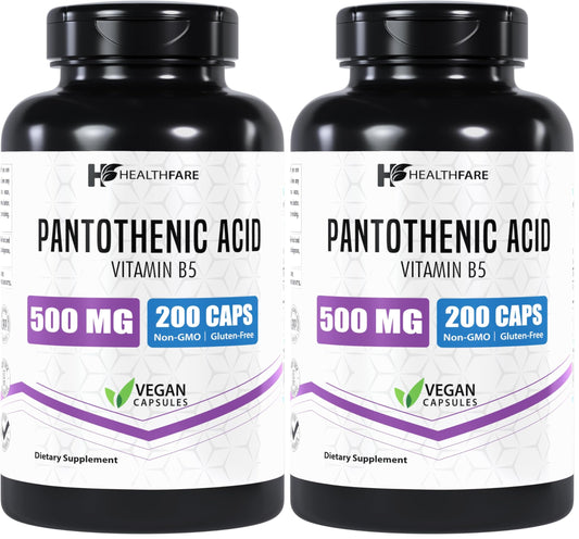 Healthfare Pantothenic Acid 500mg bottle with 200 vegan capsules