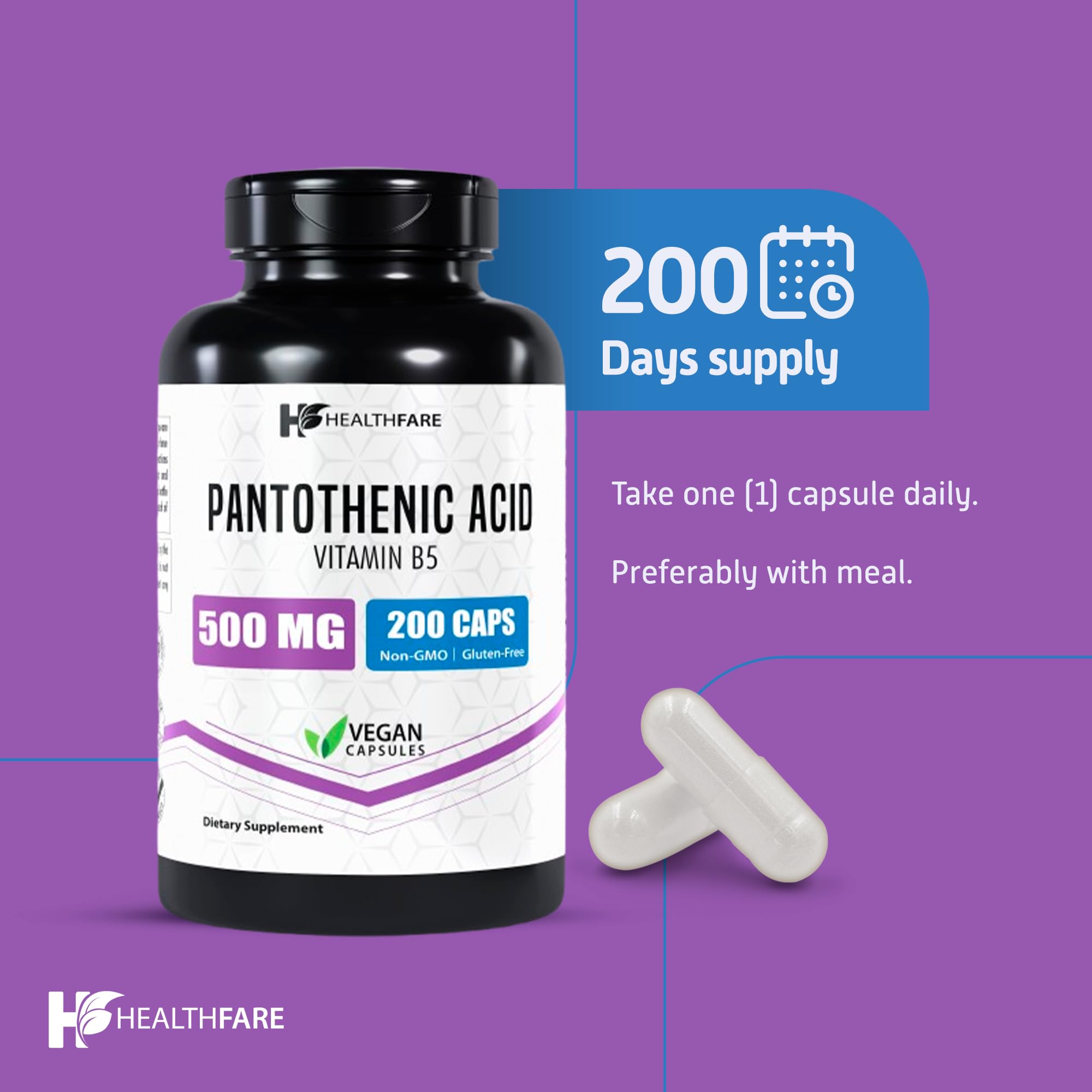 Supplement facts panel highlighting per-pack 500mg pantothenic acid
