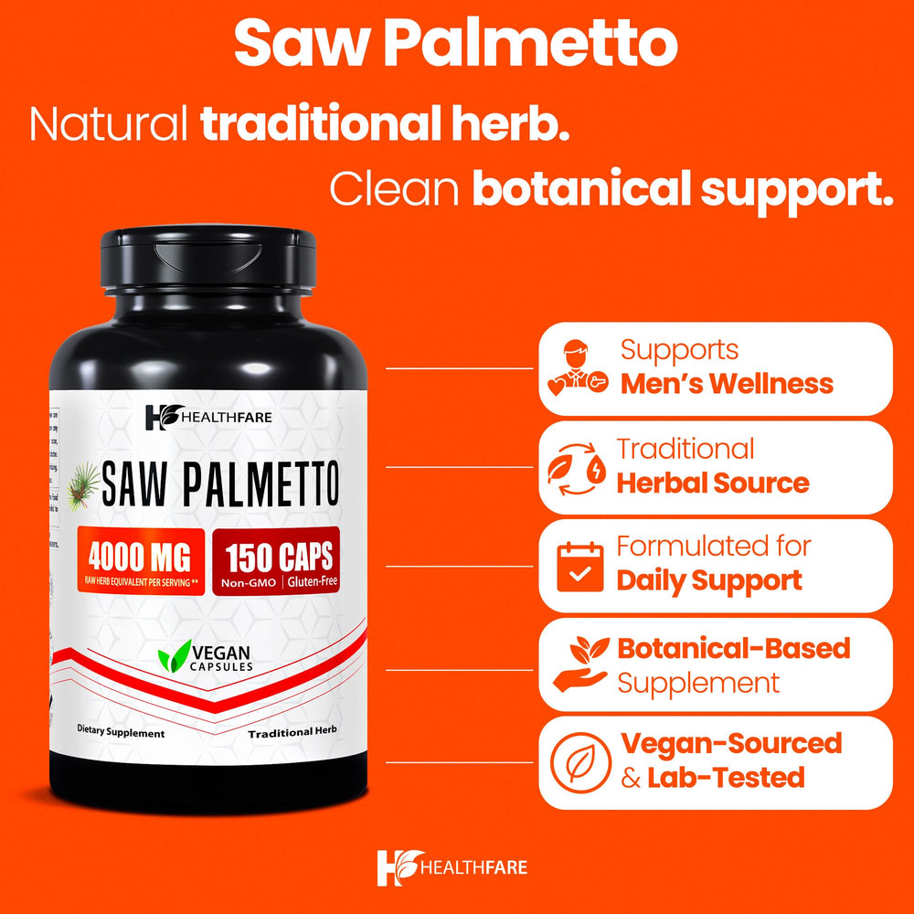 Close-up of Healthfare Saw Palmetto capsules