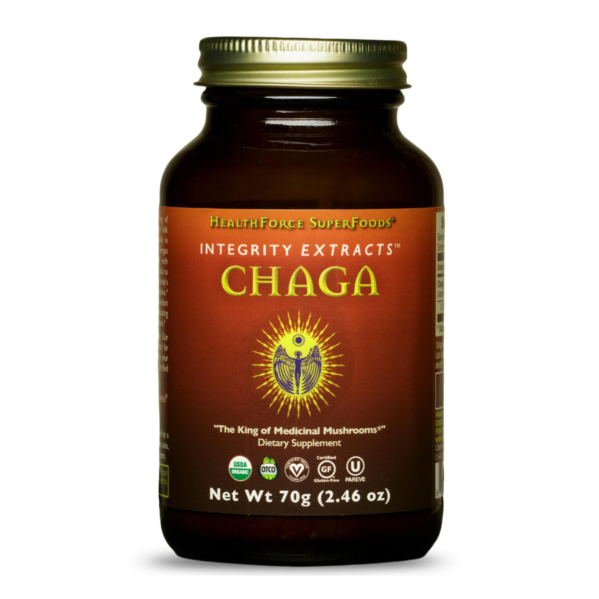HealthForce Chaga powder bottle front view, 70 g