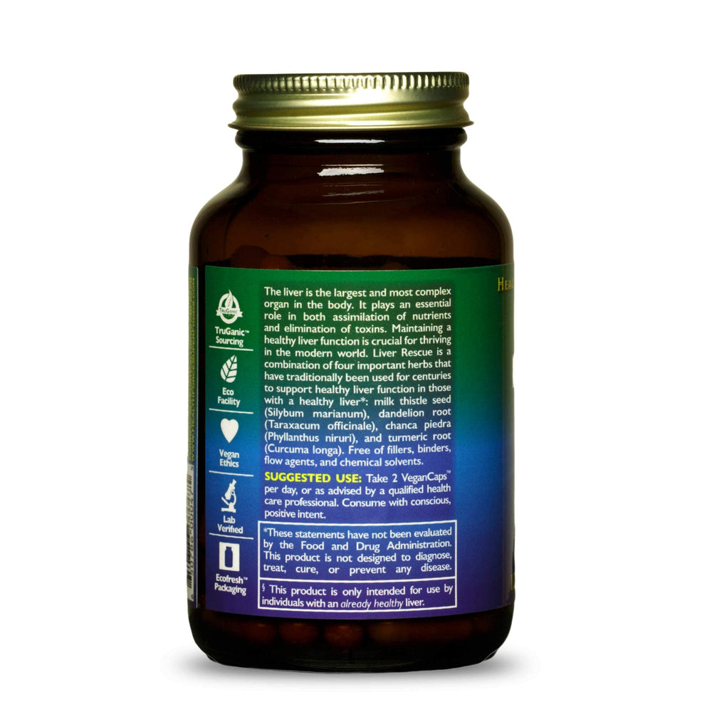 HealthForce Liver Rescue capsules close-up, vegan and gluten-free dietary supplement